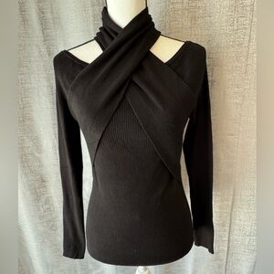 NWT DESIGN HISTORY Black Ribbed Cross-Front Sweater - Size S (A101)